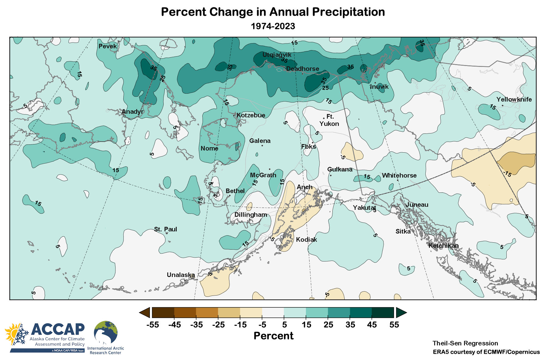 A map depicting changes to annual average precipitation in Alaska over the past fifty years.