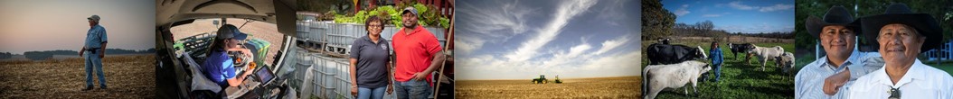 Various pictures of tractors, planting, cows, diverse people, blue sky