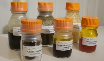 6 jars with orange lids each filled with a different biofuel