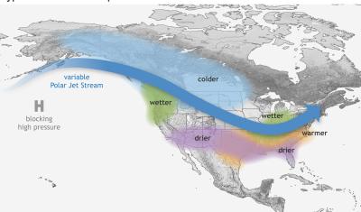 An image showing typical La Niña effects across North America. 