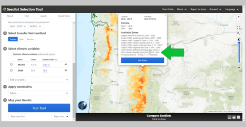 Screen shot of the Seedlot Selection Tool video tutorial showing a map of western Oregon and Washington.
