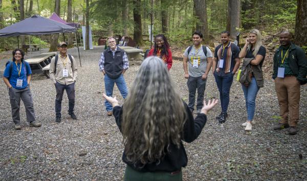 Participants of the Minorities in Natural Resources and Related Sciences (MANRRS) Conference and Hiring Event in Atlanta, take a “Mobile Tour” from the conference to visit the Chattahoochee-Oconee National Forest and the Anna Ruby Falls on the Chattooga River Ranger District. The Forest will host interactive discussions and a hike to twin waterfalls.  (USDA Forest Service photo by Preston Keres)