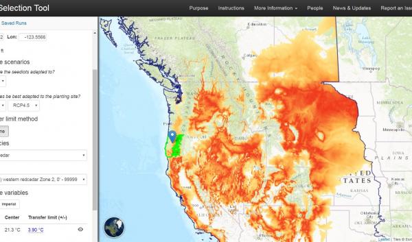Seedlot Selection Tool indicating areas with similar climate from which to transfer plant material for restoration. 