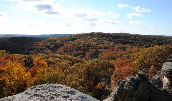 Rock cliff overlooking forest and rolling hills